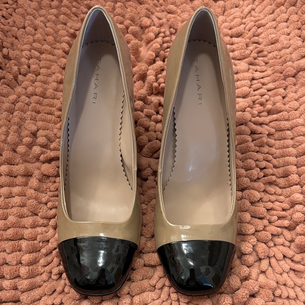 Tahari Beige and Black Cap Toe Heels